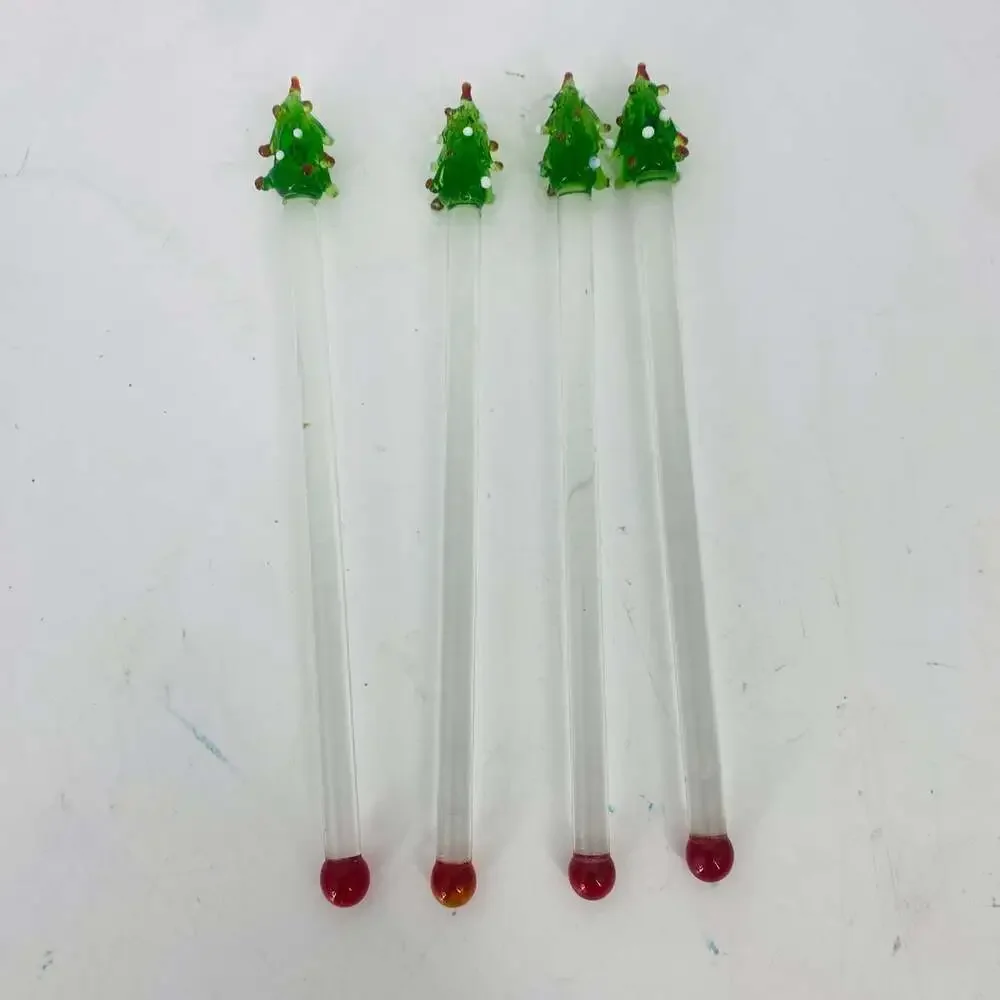 Vintage Pier 1 Imports Glass Christmas Tree Swizzle Sticks Set of 4 Holiday Red